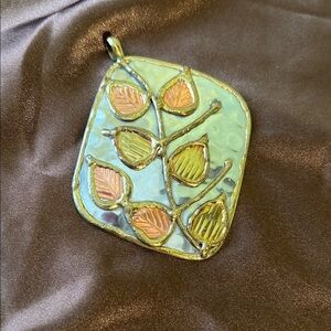 Leaf Metal Pendant with Gold and Orange Accents
